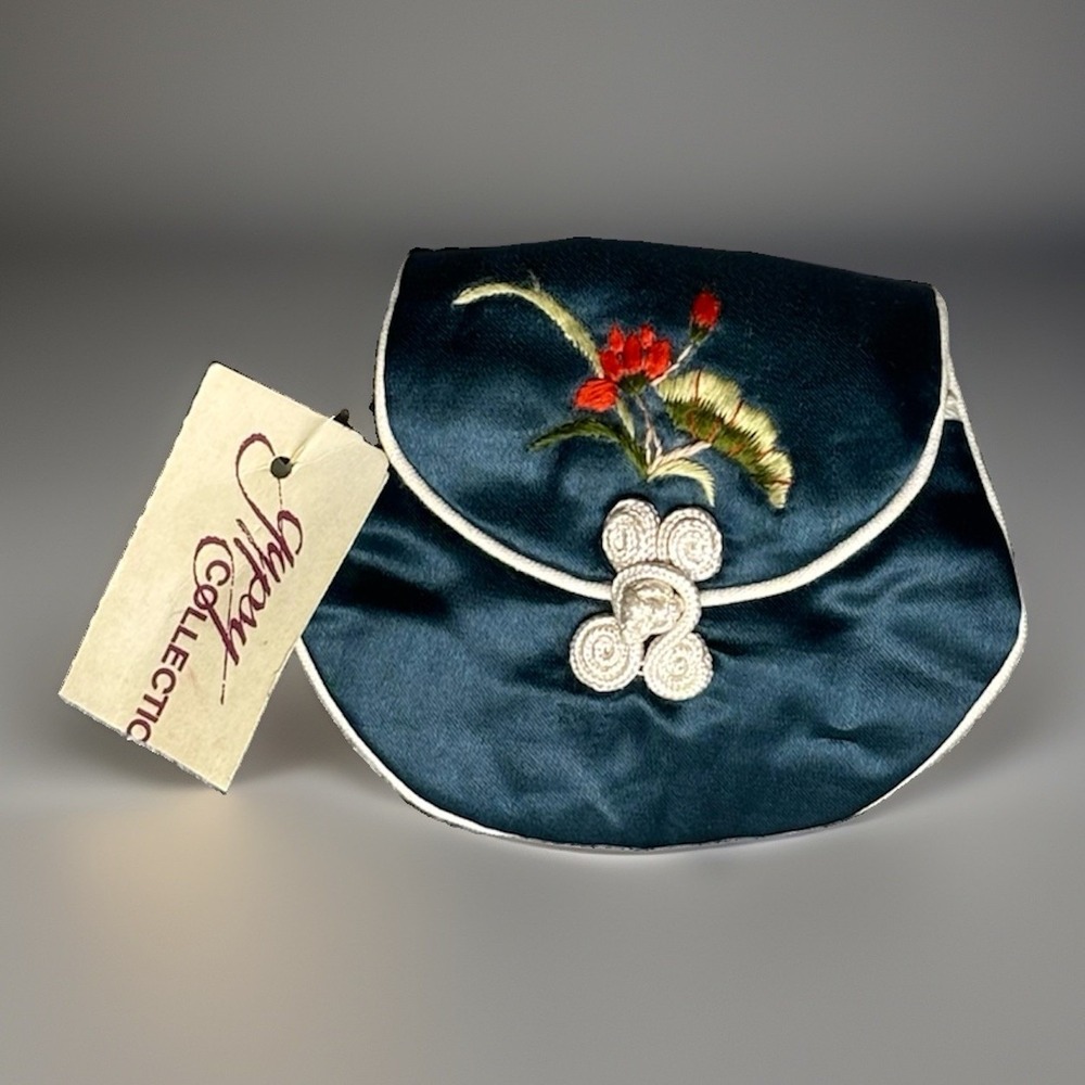 Pier 1 Gypsy Collection Coin Purse Teal NEW Floral Satin Frog Closure NWT